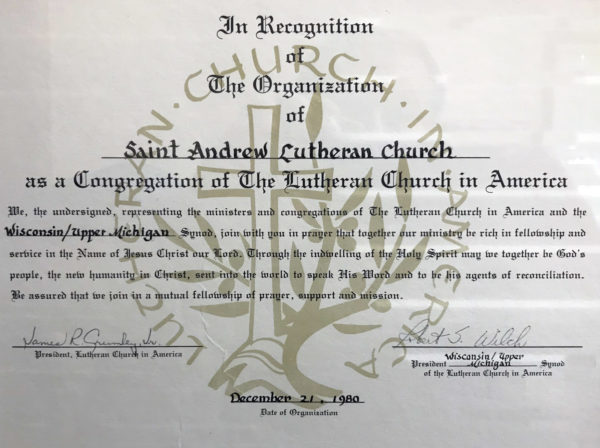 Official LCA Recognition of Saint Andrew Lutheran Church 1980-12-21